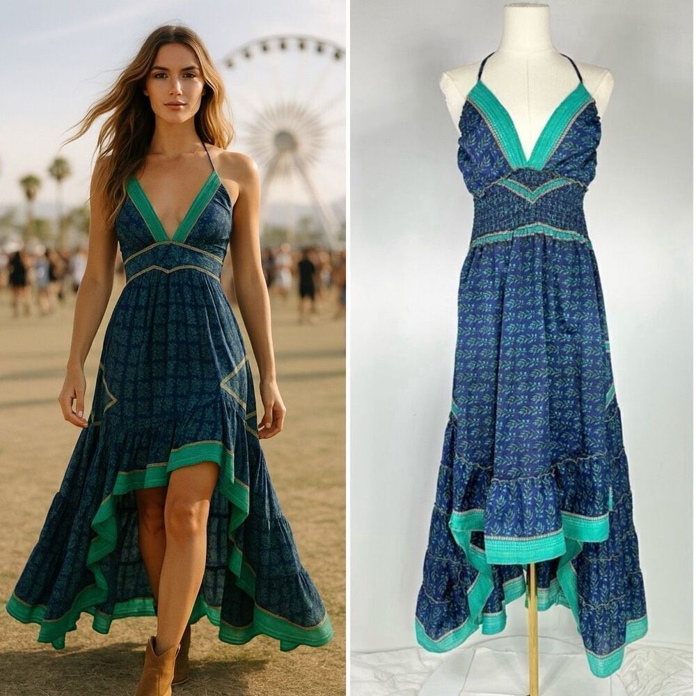 Y2K MT Collection Silk Blend Peacock Dress OS Boho Fairy Beachy Whimsygoth